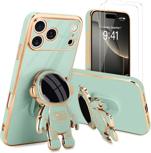 Vista 64 de Pepmune - Funda para iPhone 15 con soporte de astronauta 3D, color negro [2 Screen Protector], Luxury Electroplated Soft TPU Cover with Kickstand