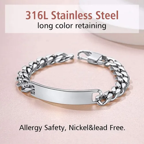 Vista 3 de FindChic Pulseras de identificación personalizadas con barra de nombre para hombres y mujeres, chapadas en oro de 18 quilatesacero inoxidablenegro