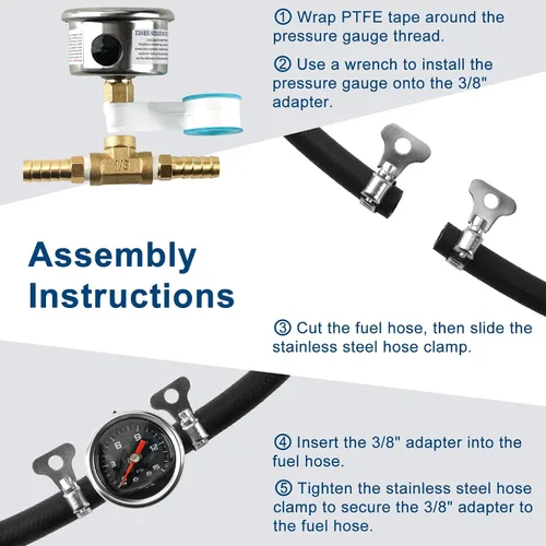 Vista 4 de SENCTRL Kit de manómetro de presión de combustible de 15 PSI para línea de combustible de 3/8, esfera negra, motores de carburador, motores