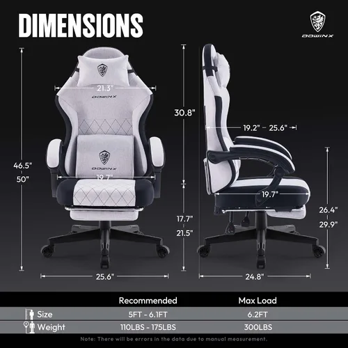 Vista 2 de Dowinx Silla de tela para videojuegos, silla ergonómica para computadora con reposapiés y cojín de resorte de bolsillo, silla de videojuegos de Gris