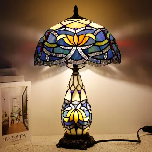 Vista 12 de Lámpara de Estilo Tiffany de Vidrio Manchado Azul Barroco de Mesa de 12X19 Pulgadas, Vaso Madre-Hija, Luz de Lectura para Escritorio, Decoración
