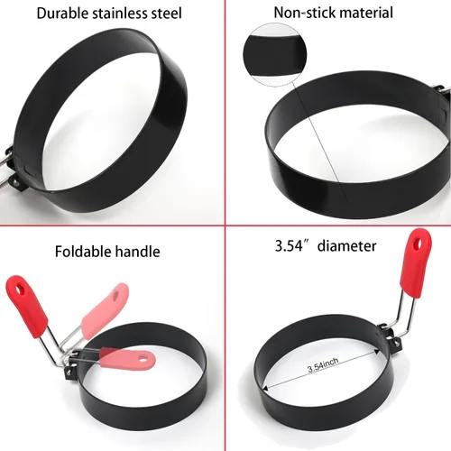 Vista 2 de Juego de 2 anillos de huevo de 3.5 pulgadas con mango de silicona, molde redondo para magdalenas inglesas, molde para panqueques para acampar