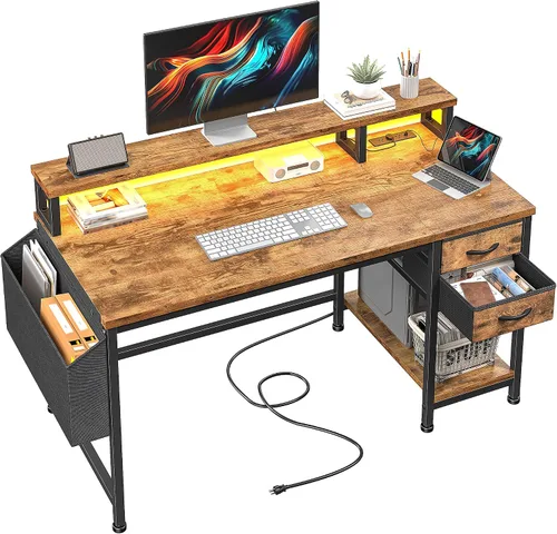 Vista 15 de DurayLoly Escritorio para juegos de 40 pulgadas con cajones y bolsa de almacenamiento, escritorio para computadora con tomas de corriente y luces