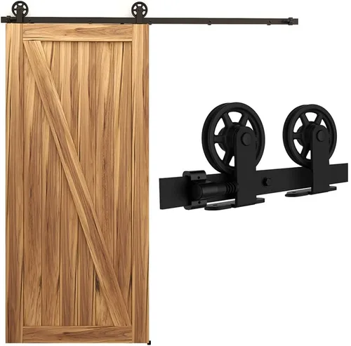 Vista 11 de Kit de rieles de 98-2/5 pulgadas para puerta corrediza de granero, rodillo de rueda negro básico para puertas individuales, sistema de rieles