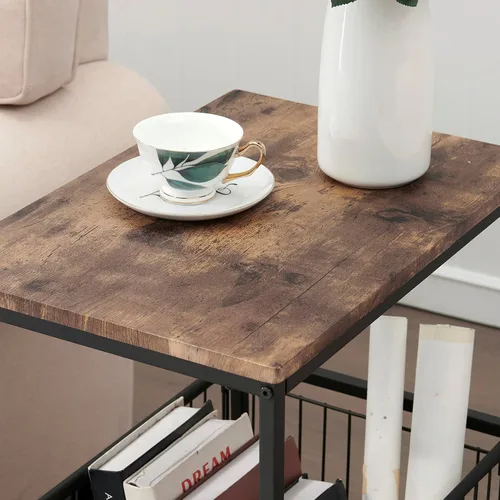 Vista 6 de VECELO Mesa auxiliar alta con cesta de metal, mesita de noche con estante organizador de almacenamiento, mesita de noche de madera con marco
