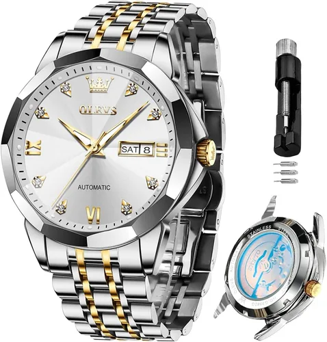 Vista 33 de OLEVS Reloj de pulsera automático con diseño de esqueleto para hombre, de lujo, con diamantes de lujo, de acero inoxidable, calendario, reloj
