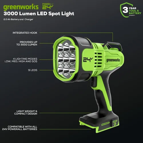 Vista 2 de Greenworks Luz de Punto LED de 24V, linterna de mano de 3000 lúmenes, foco de brillo variable, solo herramienta