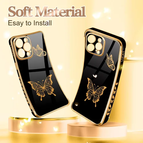 Vista 5 de Petitian Funda para iPhone 14 Pro Max, diseño de mariposas para mujeres y niñas, diseño dorado para iPhone 14 Pro Max, cubierta femenina chapada