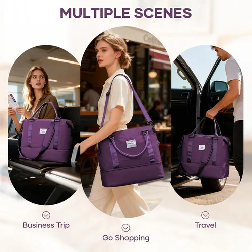 Vista 7 de VECAVE Bolsa de viaje para mujer, bolsa deportiva para gimnasio, E20-Púrpura profundo, Grande, Bolsa de viaje
