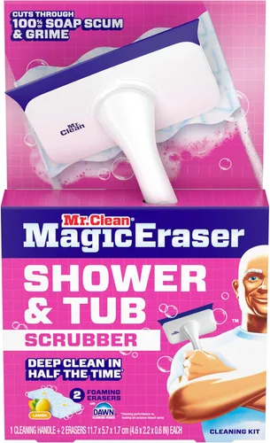 Vista 12 de Mr. Clean Borrador mágico para ducha y tina, limpiador de baño, limpiador de baño todo en uno, kit inicial de limón, 1 limpiador y 2 borradores