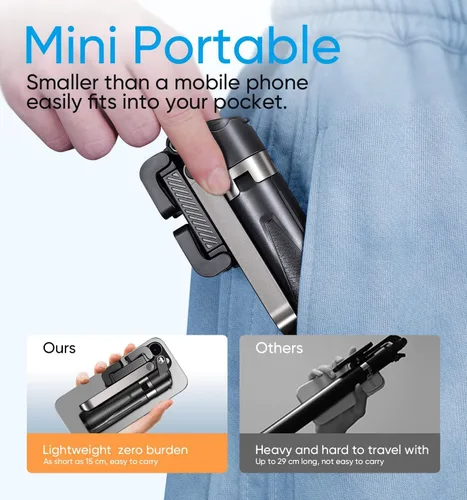 Vista 2 de MAGIC JOHN Trípode para teléfono, palo de selfie portátil, trípode de bolsillo para iPhone, palo selfie con control remoto desmontable y 2 luces