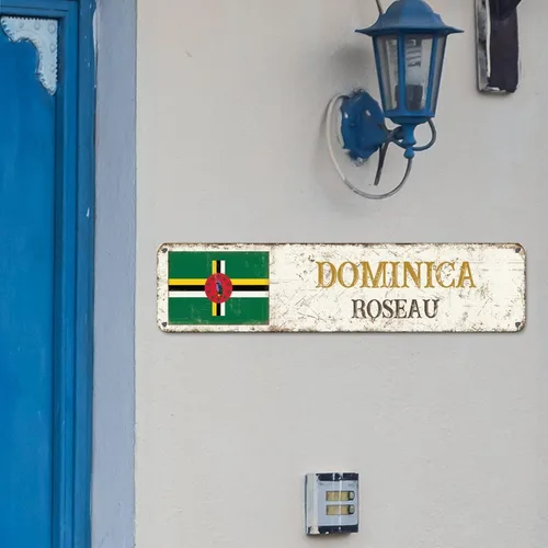 Vista 4 de Roseau - Letreros de metal personalizados con bandera de Dominica, letrero de metal con diseño de Capital Country City Souvenir Dominica-Roseau