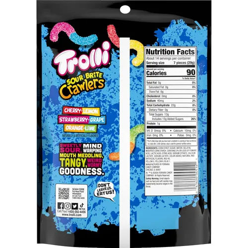 Vista 3 de Trolli Sour Brite Crawlers, dulces, cereza-limón, fresa-uva y naranja-lima, dulce y agrio, gusanos de goma, 14 oz
