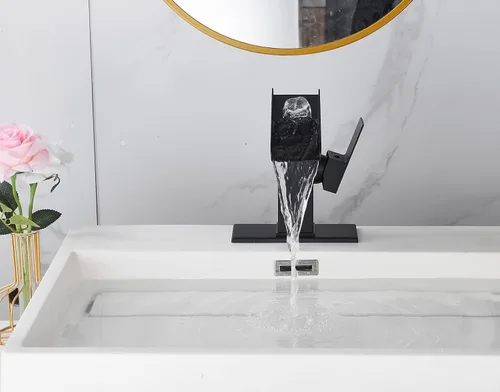 Vista 5 de Grifo de baño negro cascada 1 agujero baño lavabo lavabo fregadero grifo de una sola manija moderna lavabo grifo latón cubierta montaje comercial