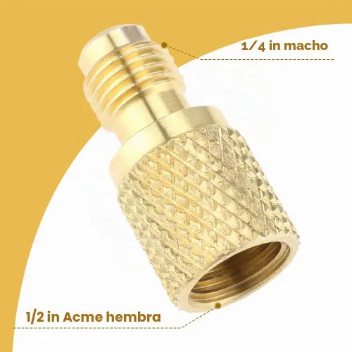 Vista 2 de Adaptador de latón R134A, adaptador de tanque de refrigerante de freón hembra de 1/4 pulgadas macho a 1/2 pulgada hembra con núcleo de válvula