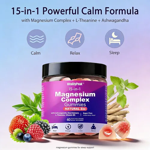 Vista 2 de Gomitas de magnesio para dormir de 400 mg – Gomitas de complejo de magnesio calmante para apoyo del sueño y relajación con L-teanina y ashwagandha