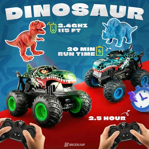 Vista 5 de BEZGAR Monster Truck Toys - Camión monstruo de control remoto con luz y música, juguetes de dinosaurios para niños, camión RC a escala 1:20 con Azul