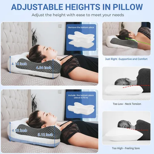 Vista 8 de Elviros Almohadas de espuma viscoelástica para aliviar el dolor de cuello, almohada ortopédica ergonómica de altura ajustable