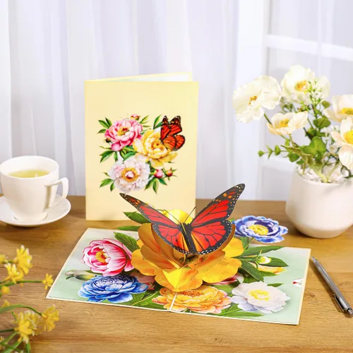 Vista 5 de Tarjeta de flores desplegables, tarjeta de felicitación, tarjeta desplegable 3D de mariposa y peonía rosa de 6 x 8 pulgadas, para el día