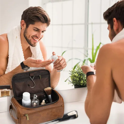 Vista 6 de Neceser de cuero personalizado para hombres con gancho, regalo de padrinos de boda, bolsa de viaje con grabado láser, monograma de cuero, regalo