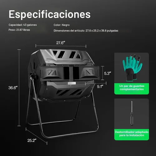 Vista 8 de VIVOSUN Cubo de compostaje giratorio para exteriores, con puerta negra de 43 galones, doble lote giratorio Negro