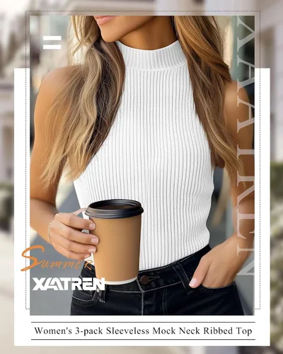 Vista 5 de Paquete de 3 camisetas sin mangas con cuello alto falso para mujer, acanaladas, elásticas, ajustadas, básicas, ligeras, bustier