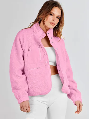 Vista 8 de ANRABESS Chaqueta de forro polar para mujer, con botones, informal, sherpa, recortada, abrigo, abrigo, con bolsillos