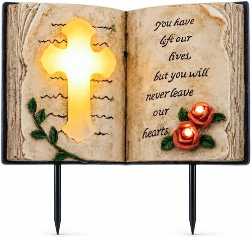 Vista 11 de Estatua conmemorativa de alas de ángel solar con vela LED y cruz, decoración de tumbas de resina resistente a la intemperie para cementerio, regalos