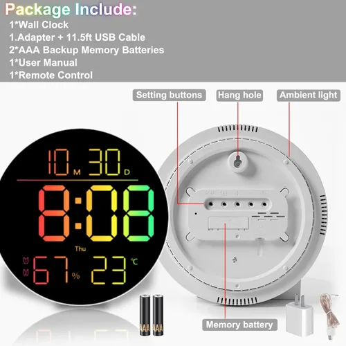 Vista 7 de QINFIEY Reloj de pared LED de 10 pulgadas con luz ambiental RGB, atenuación automática, pantalla de color/hora/fecha/temperatura/humedad, alarma