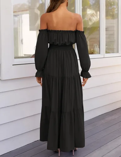 Vista 99 de ZESICA - Vestido largo, bohemio y sexy, con hombros descubiertos y manga larga fruncida, con elástico fruncido, cintura alta y abertura lateral