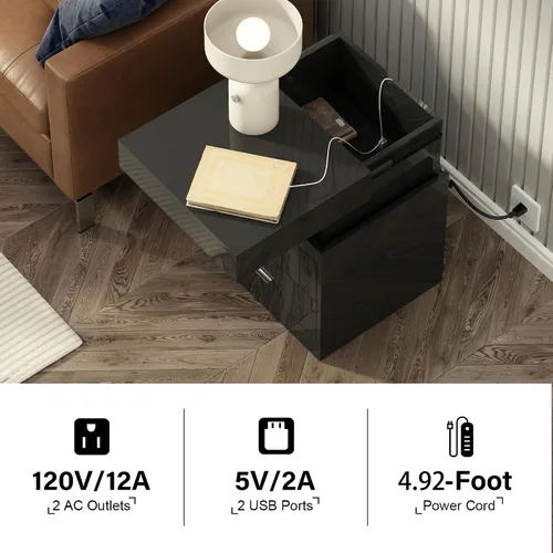 Vista 3 de ChooChoo Mesita de noche LED con estación de carga, mesita de noche inteligente con almacenamiento superior deslizante, mesa de noche de alto brillo