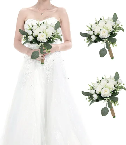 Vista 11 de Ramos para dama de honor para boda - Ramo de flores artificiales de 7 pulgadas para fiesta, ceremonia, aniversario, centros de mesa para mesa de Azul