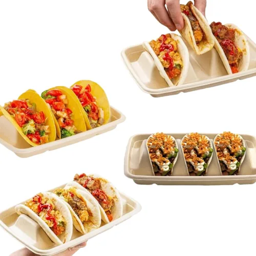 Vista 5 de Ebonee Soportes desechables para tacos con 3 divisores, platos de papel para 3 tacos, recipientes de papel para platos de tacos de fiesta