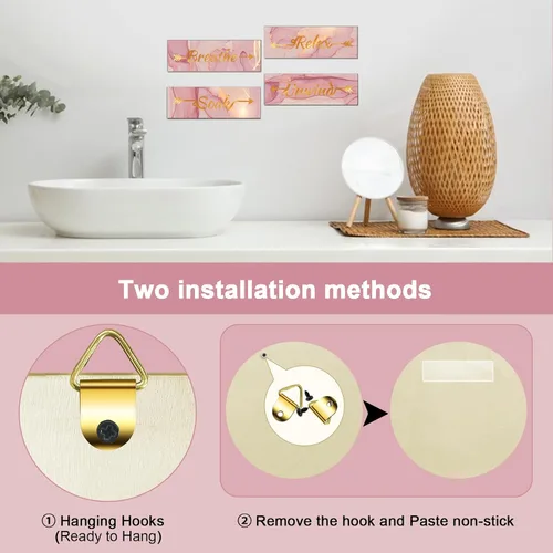 Vista 7 de Lnond 4 piezas de decoración de pared de baño de mármol dorado rosa, decoración de letreros de relajación y respiración, arte de pared colgante