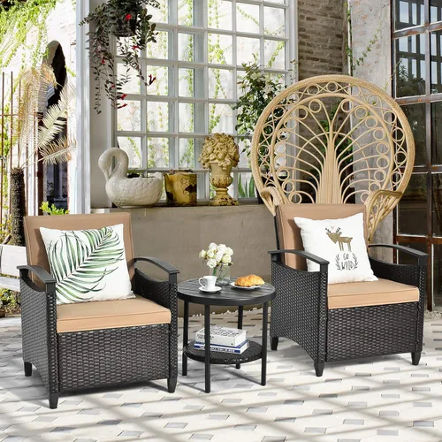 Vista 2 de Tangkula Juego de sofá de ratán de 3 piezas, juego de bistró para conversación de patio con mesa auxiliar, cojines de asiento y respaldo, marco