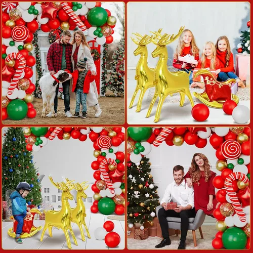 Vista 4 de Kit de arco de guirnalda de globos de Navidad con globos de trineo con lentejuelas rojas, doradas, blancas, verdes, doradas, estrellas, alces