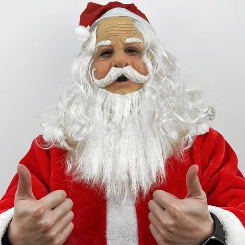 Vista 6 de Máscara de Papá Noel realista de látex con barba y sombrero rojo para adultos y niños, disfraz de cosplay de Navidad, talla única