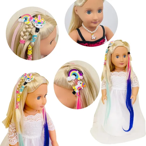 Vista 6 de Accesorios para el cabello de muñeca de 18 pulgadas para muñecas American OG, cepillo de pelo, kit de unicornio arco iris, accesorios para niñas