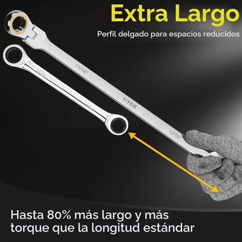 Vista 2 de Juego de llaves de trinquete extra largas con cabeza flexible, SAE 1/4" a 13/16", 5 piezas de llaves de trinquete de doble caja de mango largo, 72