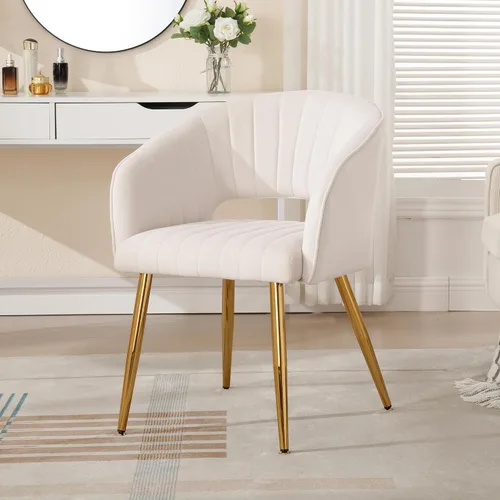 Vista 2 de ABET Juego de 2 sillas de comedor de terciopelo, rayas modernas con patas doradas, color beige
