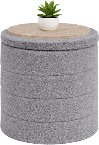 Vista 19 de B FSOBEIIALEO Otomana con Almacenamiento, Taburete Otomano de Almacenamiento Redondo Sherpa, Reposapiés Boucle 14.6"x14.6"x17.7" (Beige)