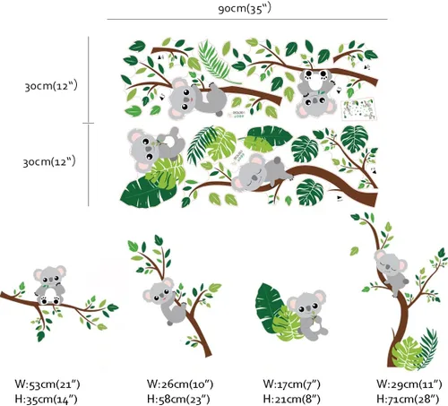Vista 4 de Runtoo Koala - Calcomanías de pared de hojas de palmera de animales, calcomanías de pared para dormitorio de niñas, guardería, decoración de pared