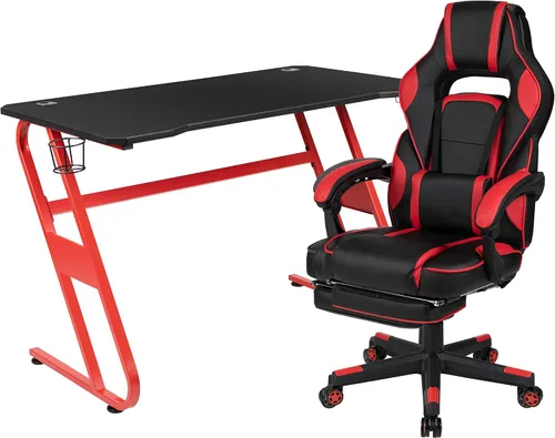 Vista 84 de Flash Furniture Juego de escritorio para juegos negro y silla de carreras blanco/negro con soporte para tazas, gancho para auriculares y soporte