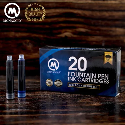 Vista 3 de MONAGGIO Cartuchos de tinta negra y azul para plumas estilográficas. Paquete grande de 20 cartuchos cortos de tamaño estándar internacional.