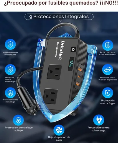 Vista 6 de DrimMek Inversor de Corriente para Automóvil de 200W, Salida de Adaptador de Enchufe de Automóvil Inversor DC 12V a 110V AC Encendedor