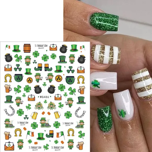 Vista 7 de 7 hojas de calcomanías de uñas del día de San Patricio para arte de uñas, calcomanías autoadhesivas 3D de trébol verde, diseño de uñas irlandesas