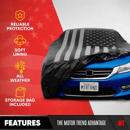 Vista 4 de Motor Trend Funda impermeable para automóvil con bandera de Estados Unidos, protección para todo tipo de clima, resistente a los rayos UV
