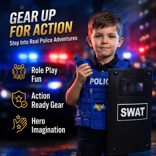 Vista 4 de Set de policía para niños, con máscara, chaleco, escudo, placa, esposas, granada, macana y cuchillo
