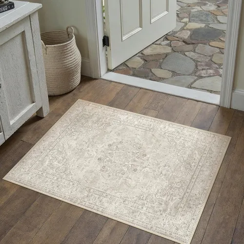 Vista 3 de PureCozy Alfombra de área beige de 2 x 3 pulgadas, lavable, vintage, pequeña, para entrada, cocina, suave, retro, floral, de pelo bajo, tapete