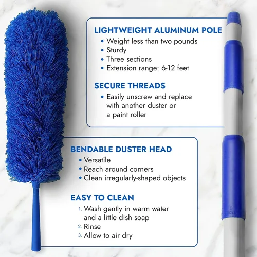 Vista 3 de Feather Microfiber Plus Nylon Static Cobweb Duster Alcanza hasta 20 pies Kit de plumero Webster de ventilador de techo extensible de 3 niveles